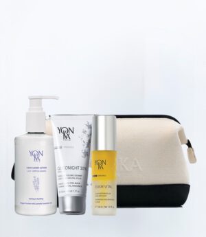 Yon-ka giftset met luxe toilettas. zuiverend met elixir vital, Glyconight 10% masque en hand & bodylotion
