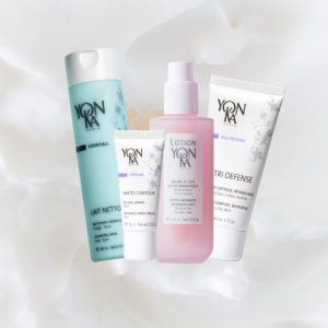 Mylene's favoriete yon-ka skincare routine met lait nettoyant, lotion ton-ka PS, phyto contour eyes en Nutri defense creme