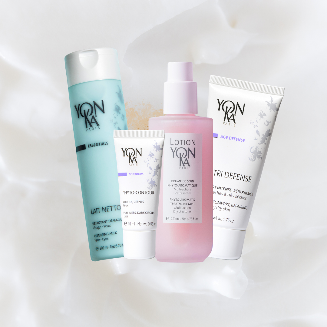 Mylene's favoriete yon-ka skincare routine met lait nettoyant, lotion ton-ka PS, phyto contour eyes en Nutri defense creme